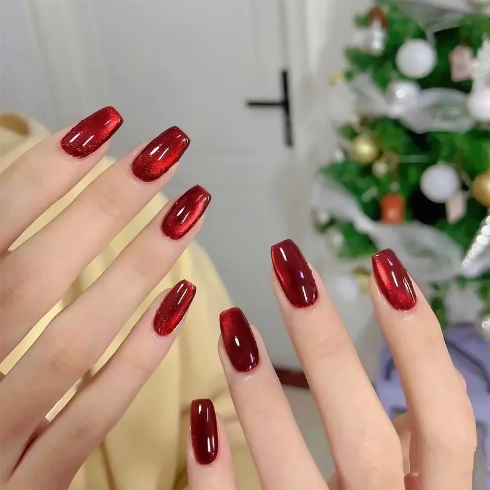 

Wearable Manicure French Fake Nails Cat's Eye Medium Length False Nail Square Head Faux Fingernails Press on Nails Girl