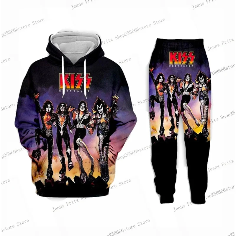 KISS Rock Band 2 ชิ้นชุด 3d พิมพ์ Hoodie กางเกงชุดแฟชั่นชายชุด Hip Hop Casual Hoodies กางเกงวิ่ง 2 ชิ้นชุด