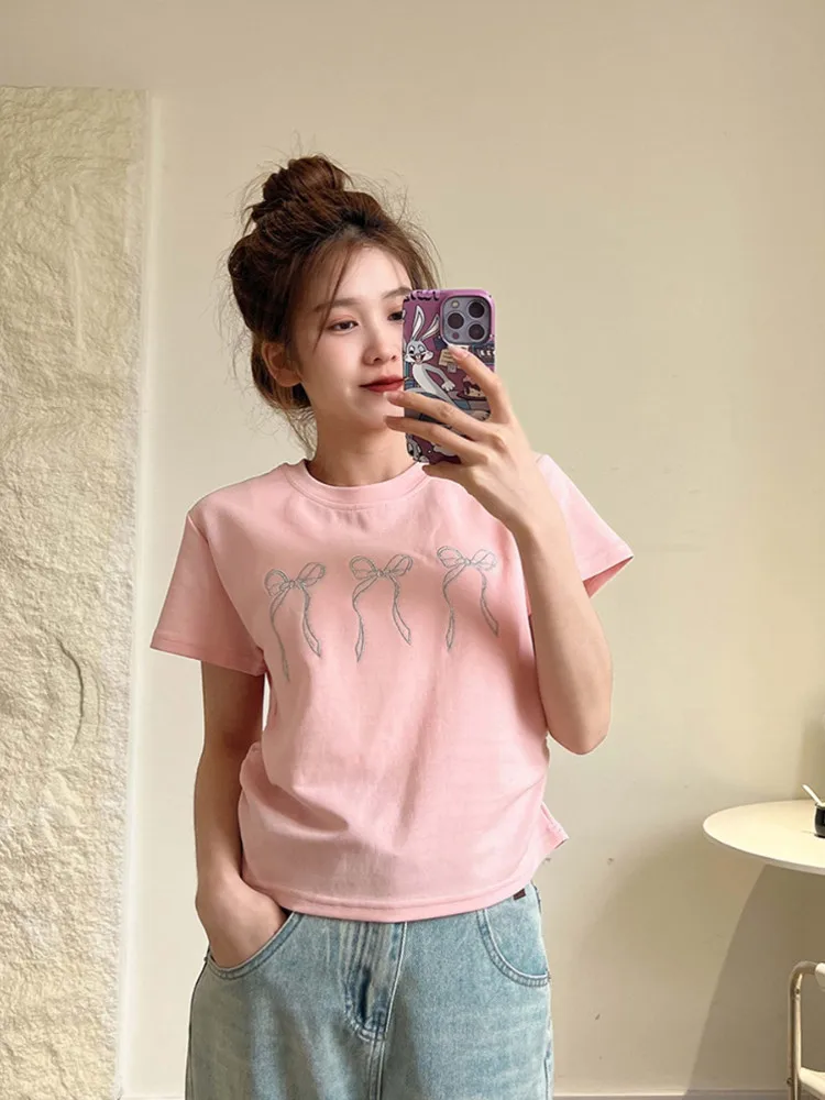 Stile coreano Chic Summer New Bow Print Casual Versatile T-shirt a maniche corte Top donna girocollo magliette grafiche