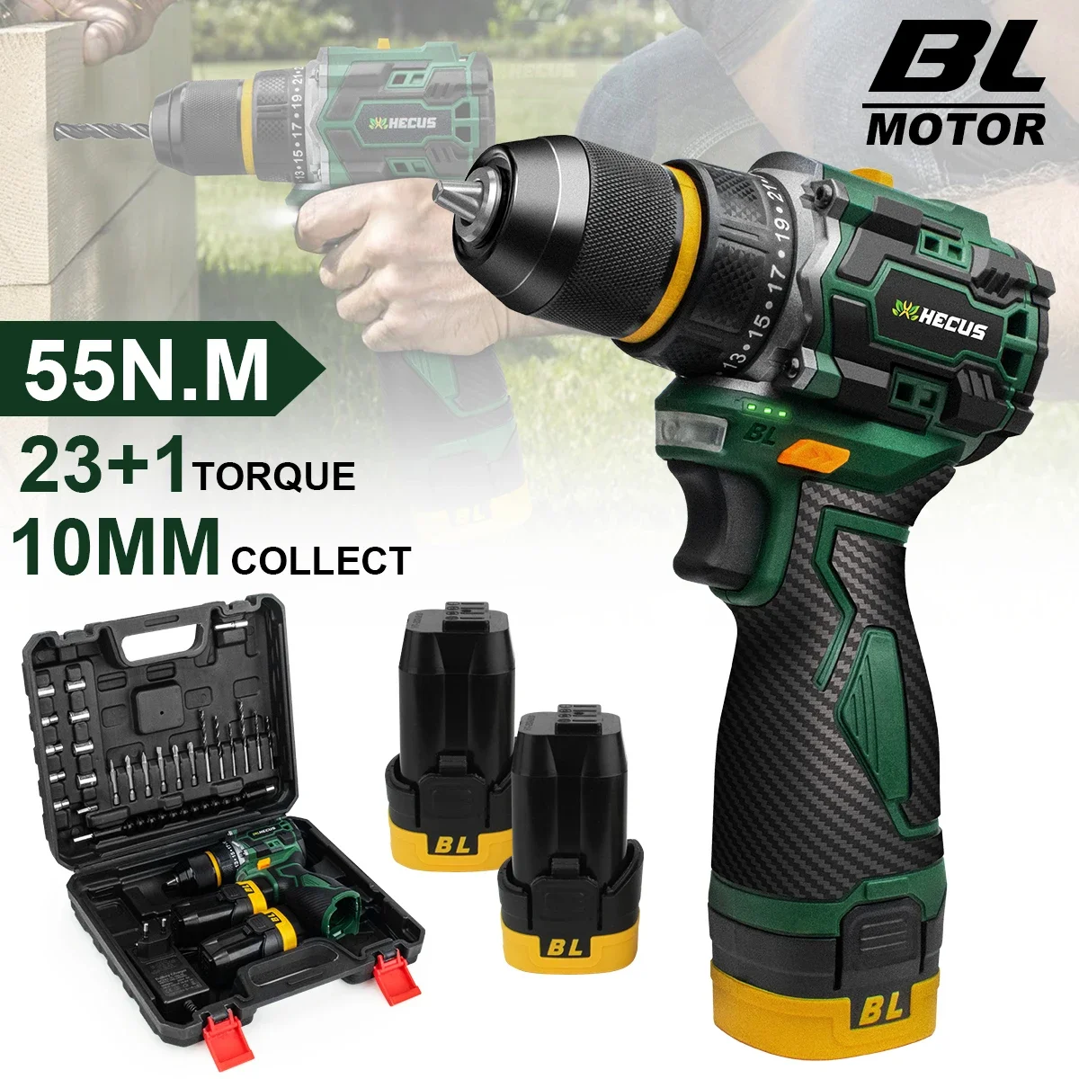 

Hecus 55NM 23+1 Torque Brushless Electric Drill Protable Electric Screwdriver Metal Ratchet Chuck Cordless Drill DIY Power Tools