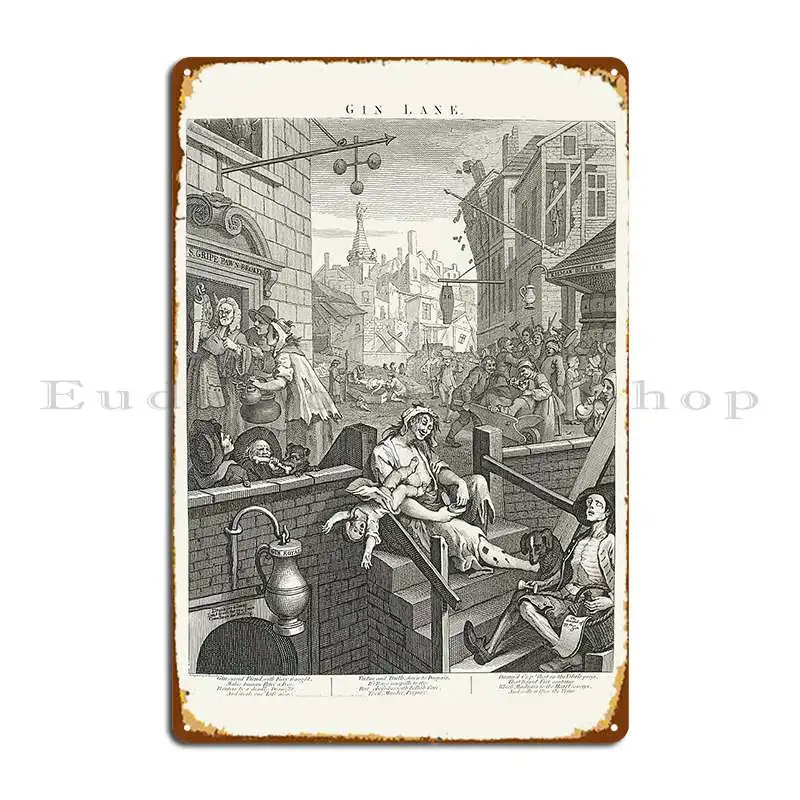 Gin Lane William Hogarth 1697 1764 18 ° siglo grabado impresión placa de Metal cartel sala de estar cueva personalizado Pub oxidado