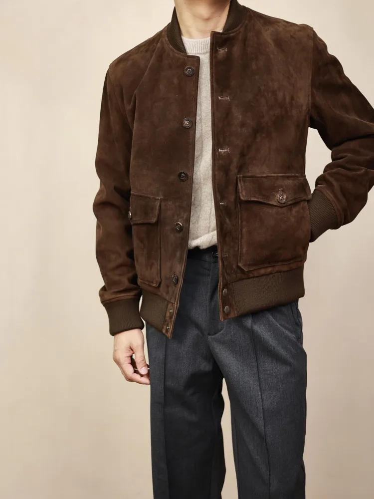 High Quality Mens Genuine Leather Coat Stand Collar Vintage Suede Sheepskin Bomber Jacket Single Breasted Casual Outerwear Male