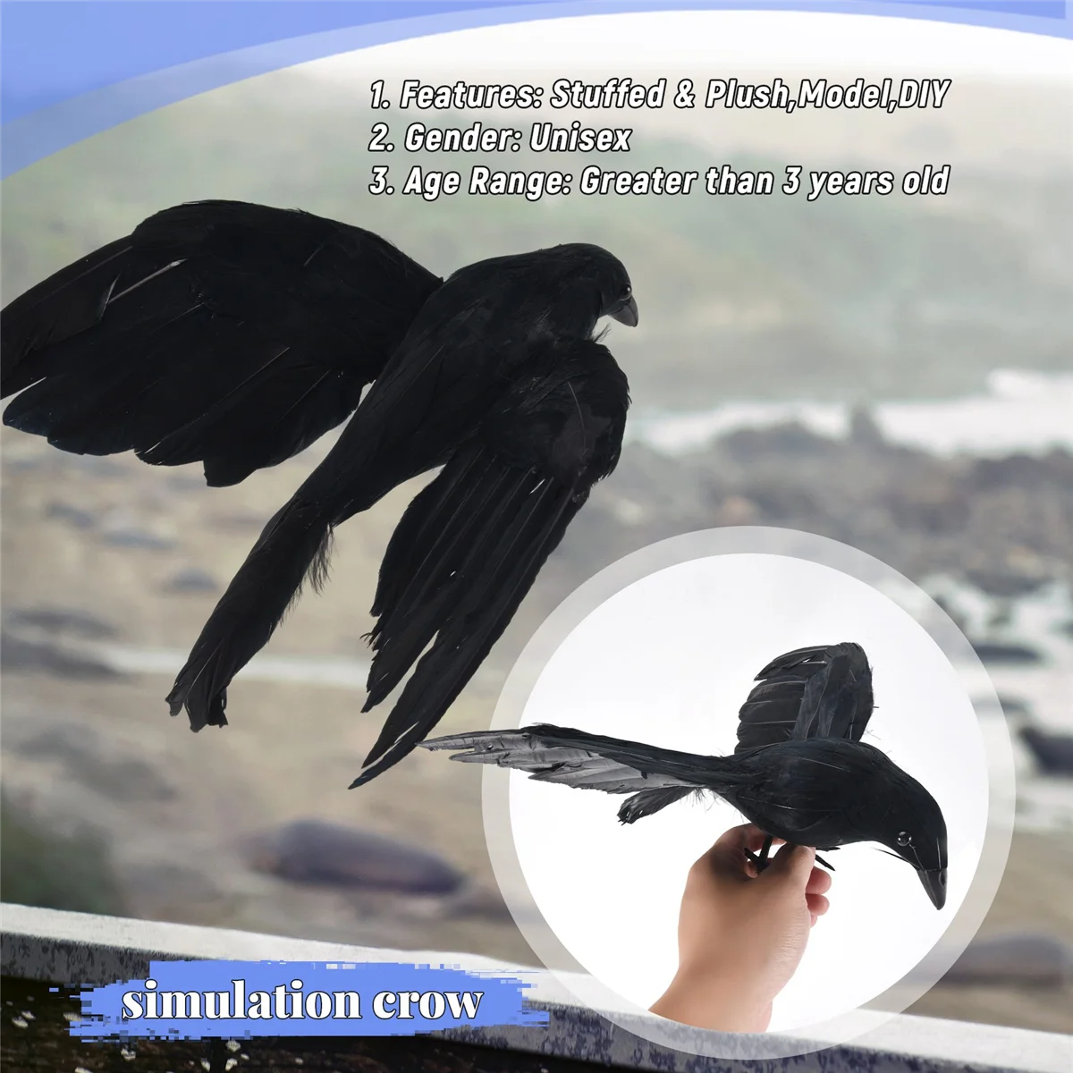 Halloween Prop Federn Krähe Vogel groß 25x40cm Spreiz flügel schwarze Krähe Spielzeug Modell Spielzeug, Performance Requisite