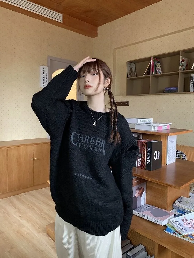 Deeptown Harajuku Letter Print Gray Sweater Women Vintage Streetwear Off Shoulder Knit Tops Korean Style Oversize Black Jerseys