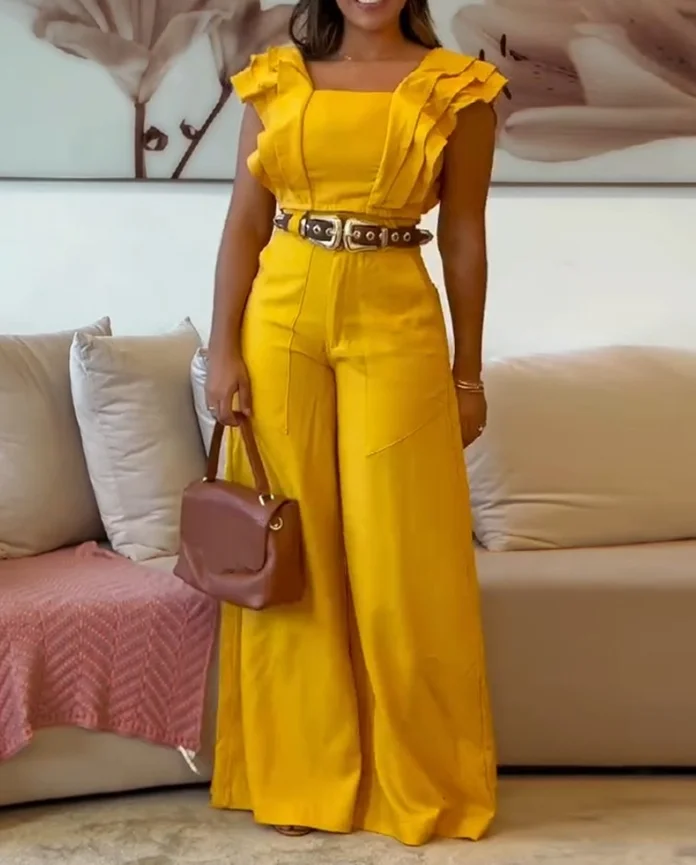 Elegant 2-piece sets for women 2 Piece Sqaure Neck Top + High Waist Wide Leg Elegant Pants Set for women