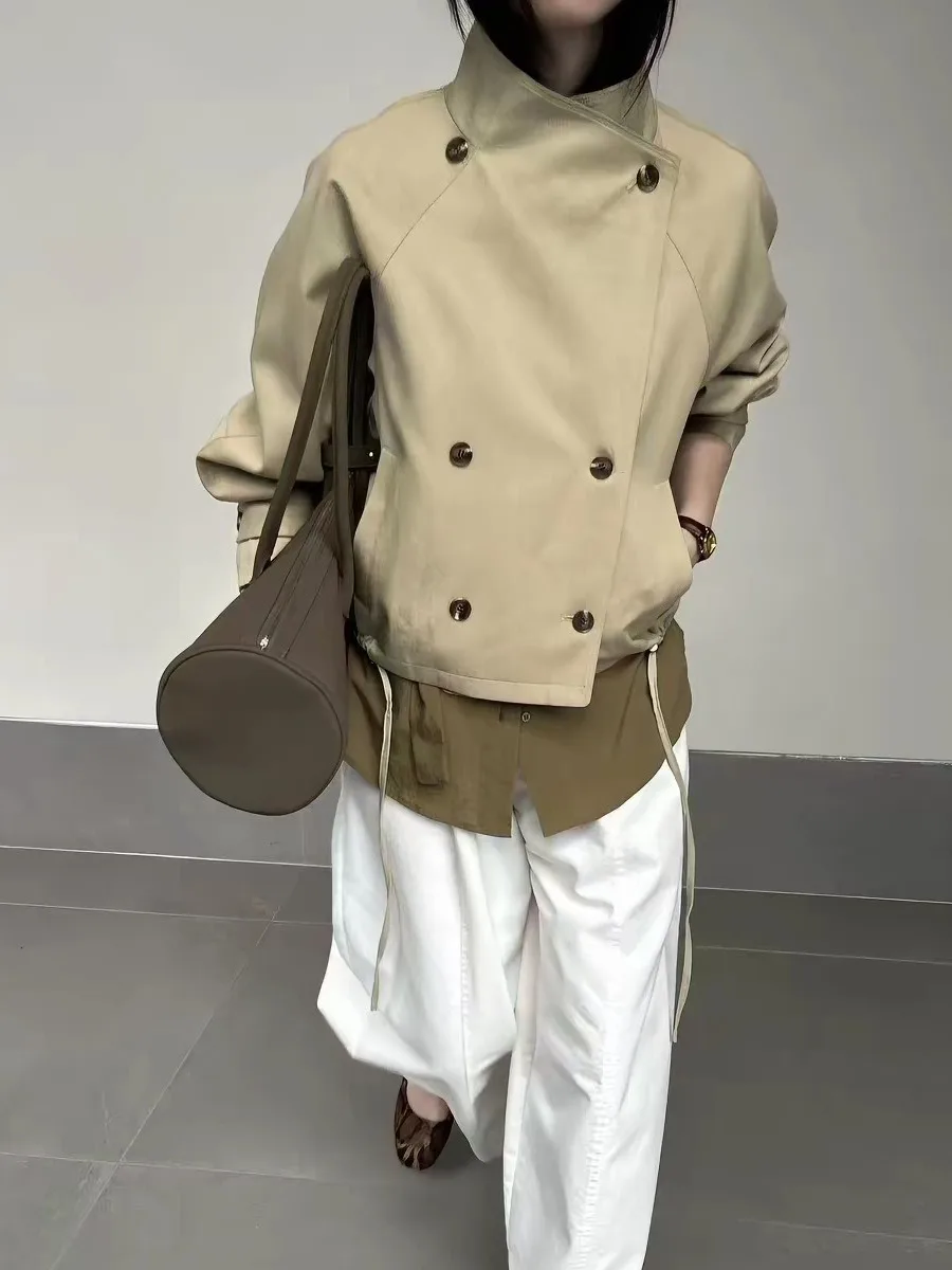 Korean Style Short Double Breasted Stand Collar Women's Jacket Outerwear Britsh Style Small Size Top Layered Clothing