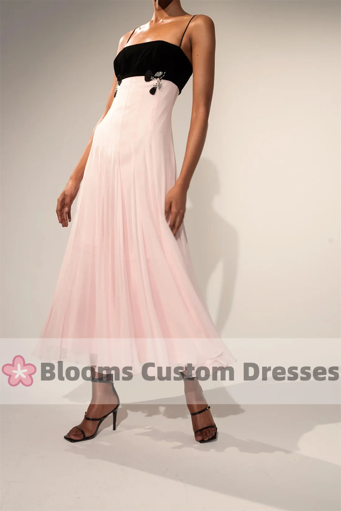 Blooms Customized Spaghetti Strap Floral Beads A-Line Prom Dresses Sleeveless Midi Dress Chiffon Party Gown Evening Dress