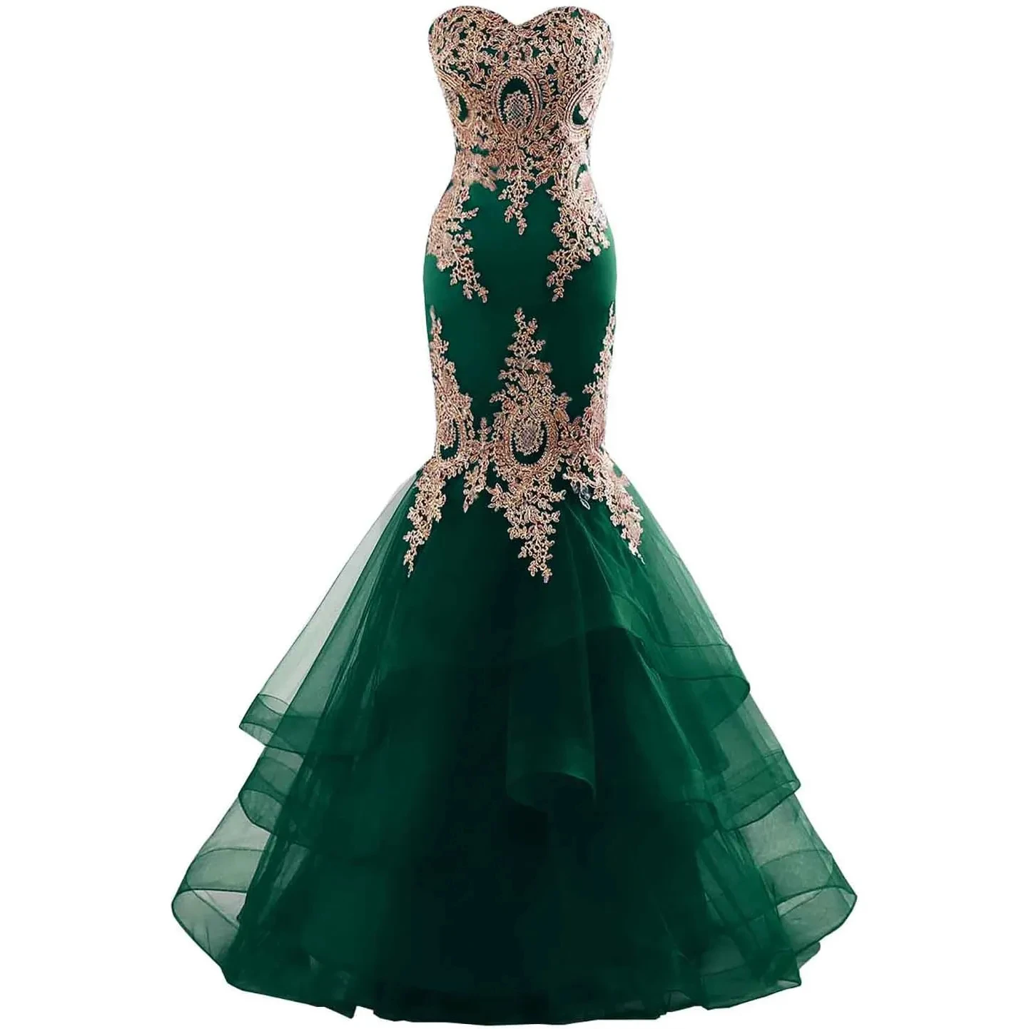 

Ruffles Mermaid Evening Dress With Gold Lace Appliques Sweetheart Neck Sleeeless Green Tulle Prom Party Gown Customized