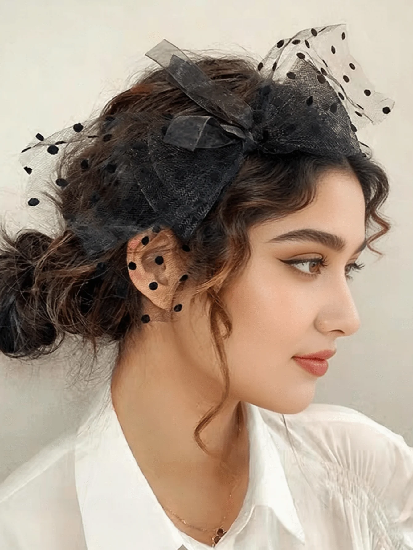 

1pc Women's Vintage Mesh Lace Big Bow Polka Dot Hairband, Suitable For Banquet, Party, Event, Performance Hair Hoop, Summer, Holiday, Travel Hair Band