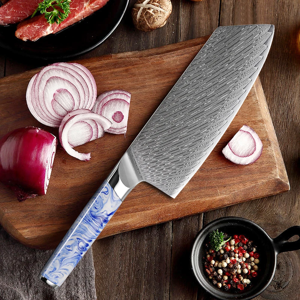 TURWHO 7.5-inch Cleaver Knife Japanese Damascus Steel Kitchen Chef Knife Chinese Meat Vegetable Sharp Professional Cooking Tools