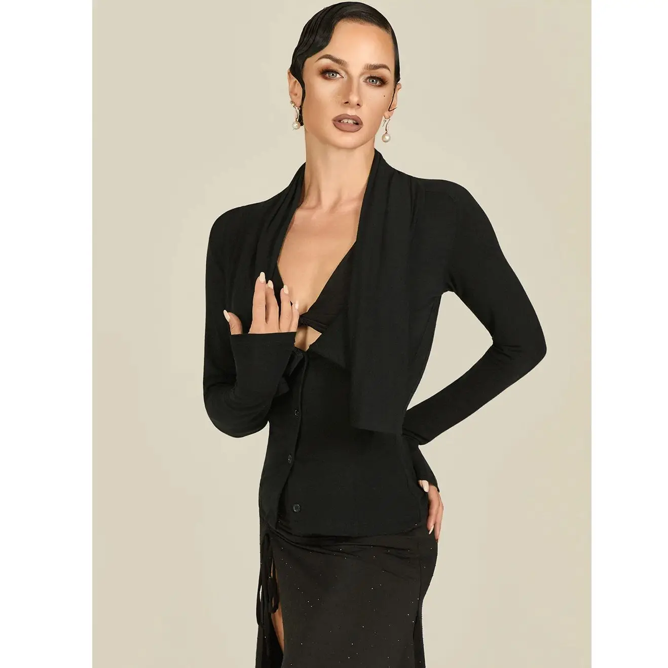 2025 Sexy Latin Dans Kostuums Uitloper Voor Vrouwen Lange Mouw Tops Chacha Tango Samba Dans Praktijk Training Dagelijkse Slijtage DQL12360