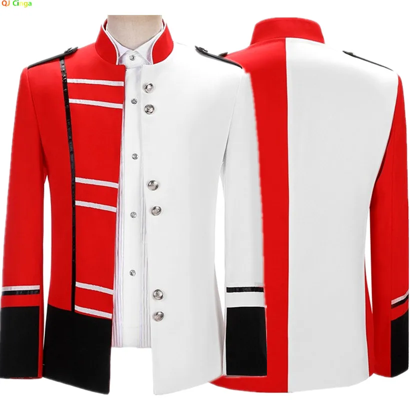 Mens Standing Lapel Suit Jacket,Single Breasted Blazers,White Black & Red Patchwork ,Wedding/Party Dress Coats,Asian Size M-5XL