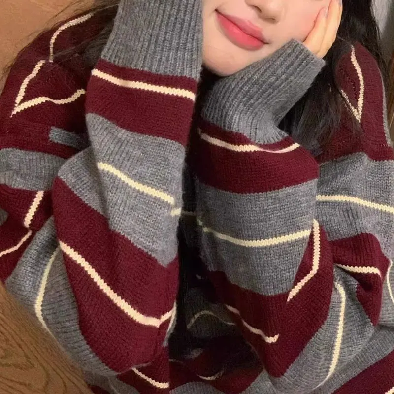 

Винтажные полосатые пуловеры контрастных цветов, вязаная женская одежда, корейские свободные осенне-зимние новые повседневные свитера с длинными рукавами