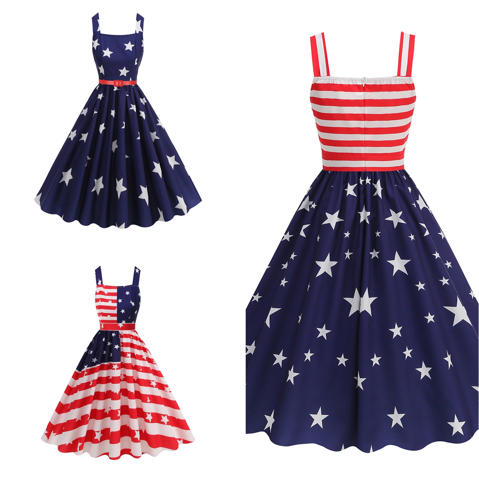 

4th Of July Independence Day Dress For Women American Flag Patriotic Dresses Summer Beach Vacation Vintage Suspender Swing Dress