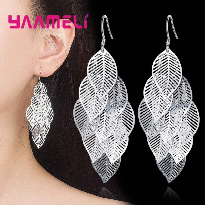 

New Trendy Women Fashion Bohemian 925 Sterling Silver Hollow Leaves Drop Earrings Long Tassel Earring Female Charm Jewelry Gifts