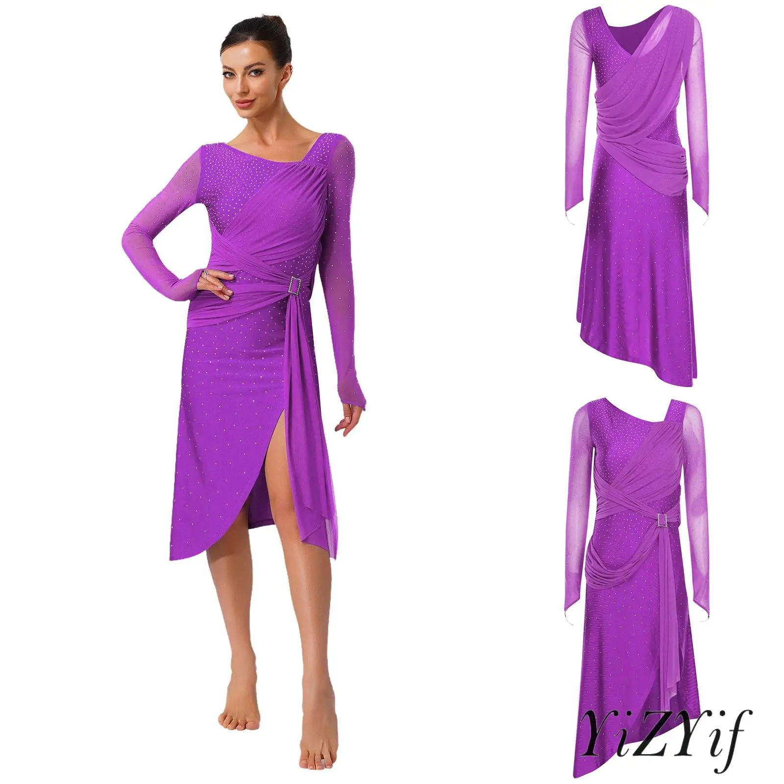 

Women's Rhythm Latin Dress V-neck Long Sleeves Rhinestone Ruched Belt Split Dress for Lyrical Figure Skating Performance Party