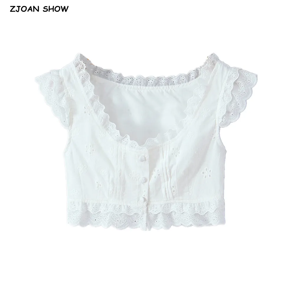 

Sweet White Embroidery Hollo out Hole Spliced Lace Crop Tank Women Summer Single-Breasted Buttons Slim Tank Tops Short Vest
