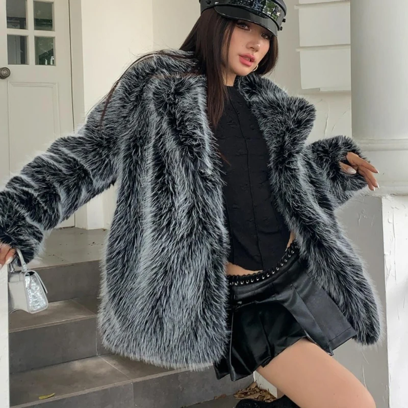 2025 abrigo de piel sintética suave y esponjoso de lujo para mujer elegante solapa gruesa abrigo de piel de zorro plateado Otoño Invierno chaqueta peluda para mujer