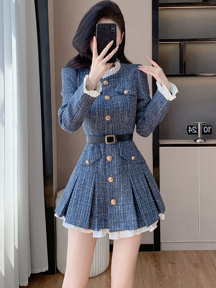 Women Blue Plaid Chic Bandage Bodycon Short Dress Autumn Winter Long Ruffled Collar Dress 2024 Korean Vintage Elegant Prom Dress