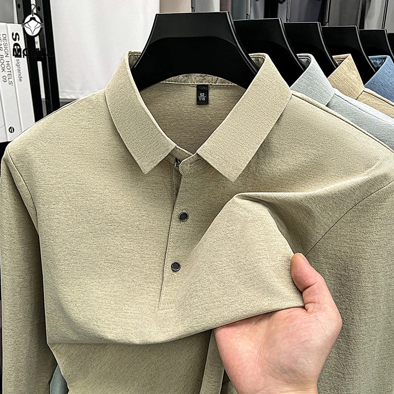 Mens Heather Long Sleeve Polo Shirt Lapel Collar Button Front Soft Stretch Top For Autumn Business Daily Use