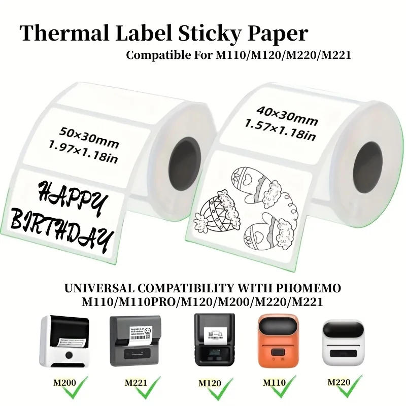 40x30mm 50x30mm Thermal Label Printing Paper Roll Self Adhesive Compatible for M110 M220 Printer Supermarket Barcode Tag