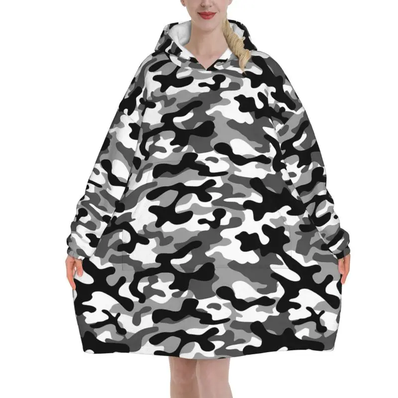 Black White Grey Camo Wearable Blanket Hoodie Oversized Sweatshirts Warm Cozy Fleece Sherpa Blanket with Pockets for Women Girls