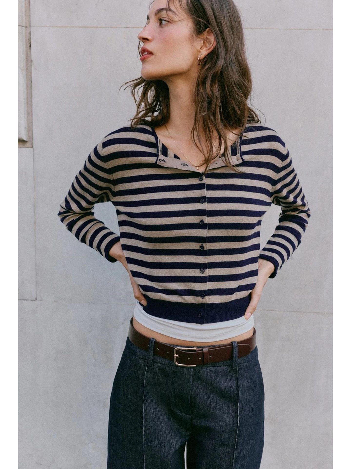 Loose Style Knitted Outerwear New Autumn Women's Long Sleeve round Neck Color Block Striped Single Button Coat Polyester Fiber