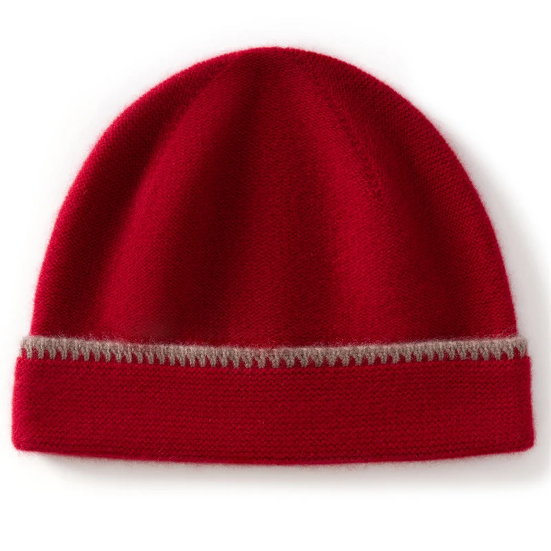 KOIJINSKY 100% Pure Cashmere Knit Beanie Contrast Trim Fold Cuff Soft Warm Minimalist Winter Hat for Women