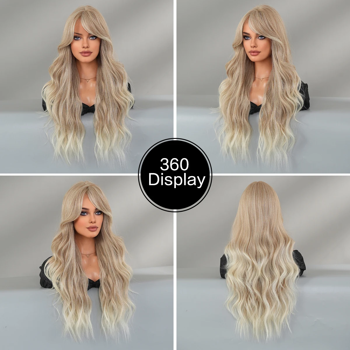 PARK YUN Synthetic Long Loose Wavy Light Brown Wigs Gradient Beige For Woman Daily Party High Density Layered With Bangs