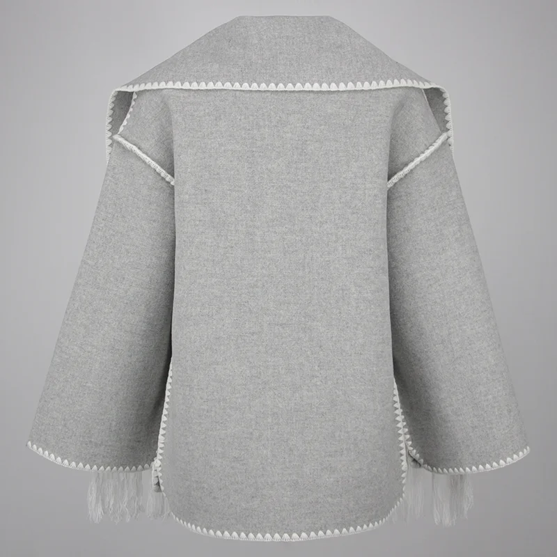 MENHR BONITA-Veste d'hiver en fourrure de renard argenté véritable pour femme, manteau en cachemire avec pompon, col écharpe, mélanges de laine, nouveau