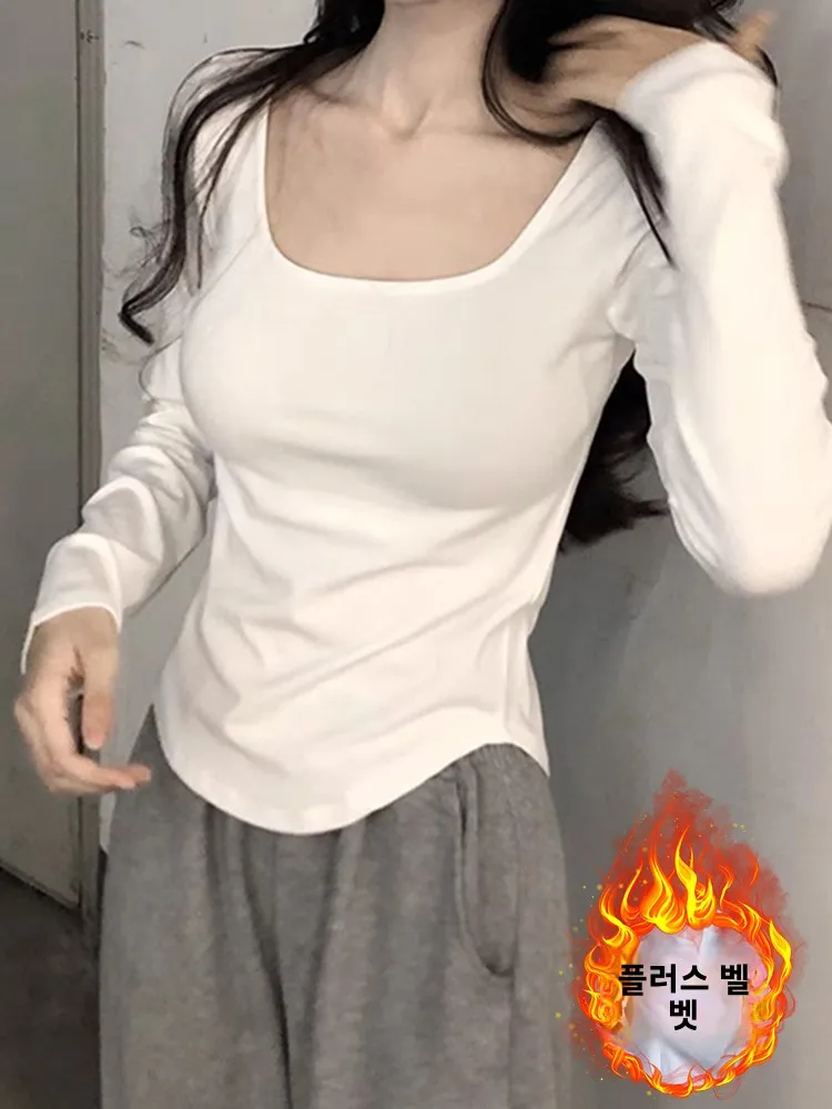 슬림핏 티셔츠 한국 스타일 겨울 여성용 긴소매 안감 있는 비정형 슬림핏 티셔츠 기본 티셔츠 여성용 티셔츠
