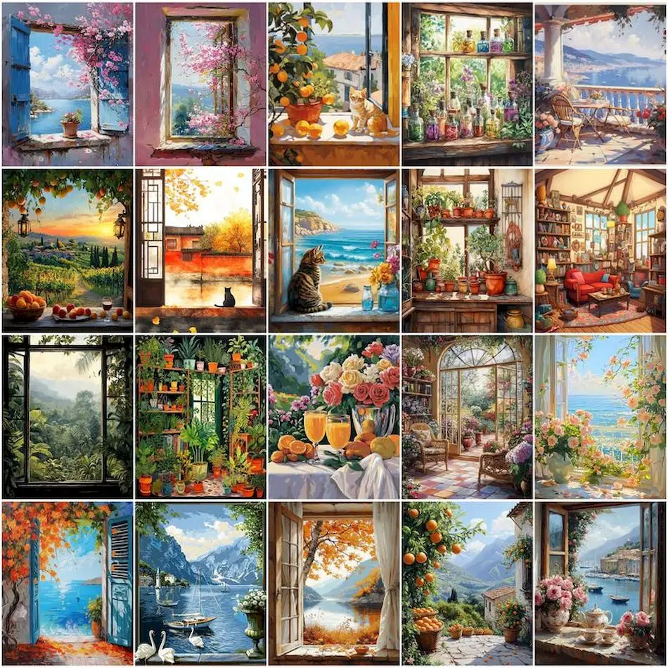 Gatyztory pintura por números, kit de pintura de cenário de soleira de janela, materiais de arte, marcadores de cor a óleo, moldura de imagem, aquarela, decoração de casa
