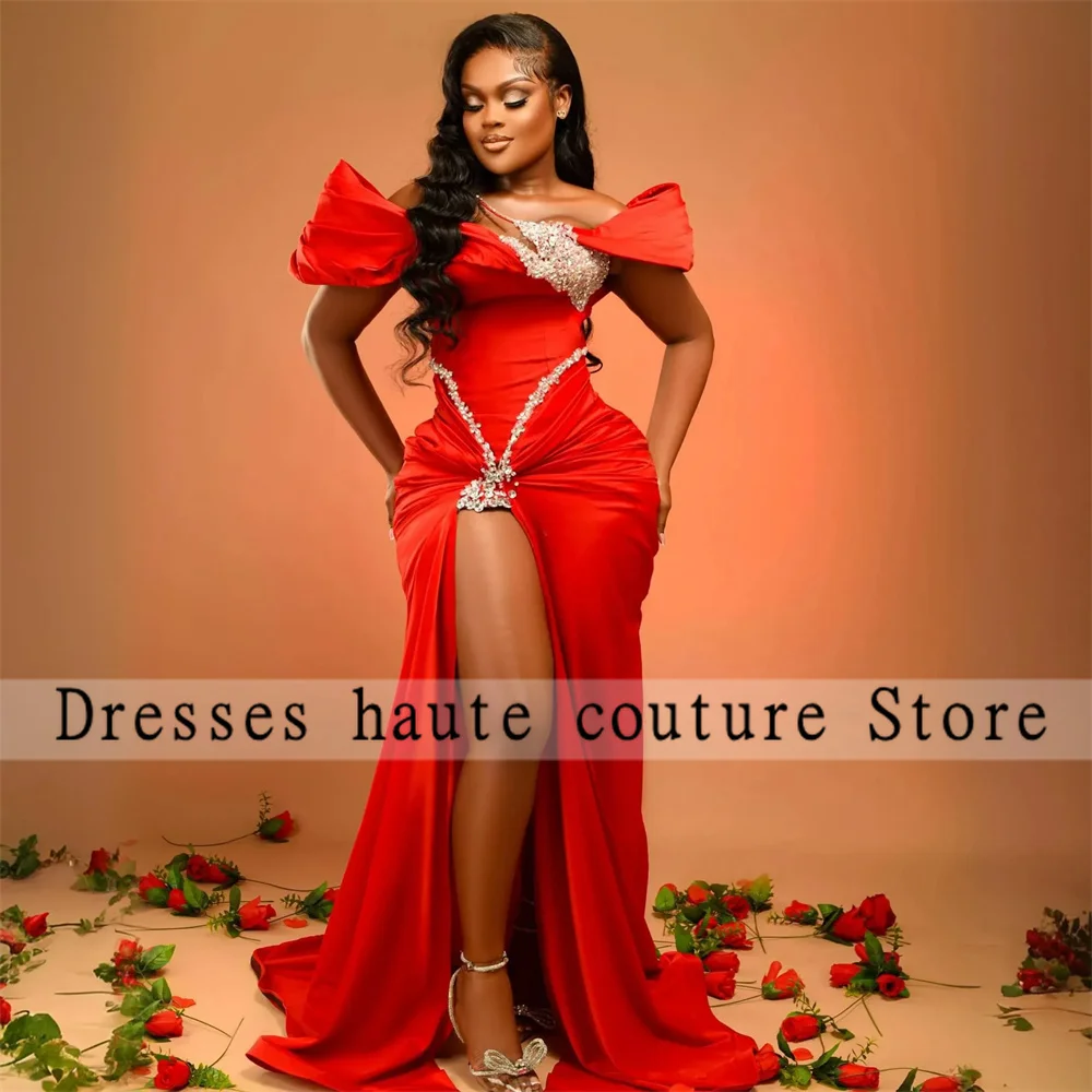 Aso Ebi Red Mermaid Prom Dresses 2025 Crystals Beaded African Wedding Reception Dress Side Slit Evening Dresses Customized