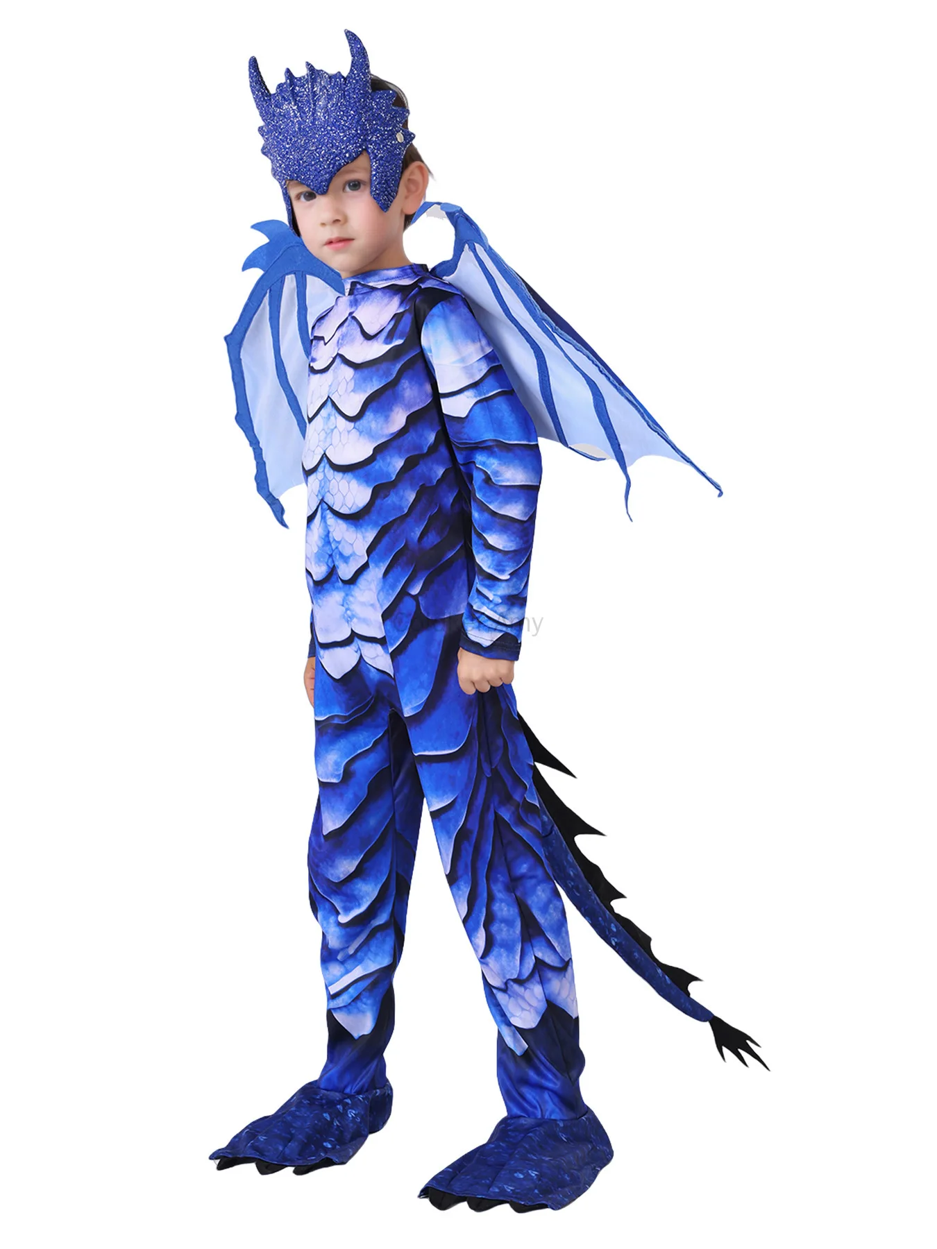 Blue Dragon Costume Kids Knight Jumpsuit For Boys Halloween Carnival Theme Party Dragon Wing Tail Mask Set