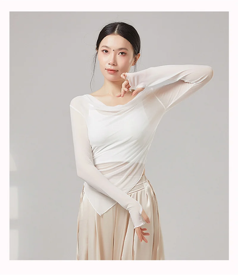 Damen Transparentes Mesh-Tanzoberteil Langarm Atmungsaktive Durchsichtige Enganliegende Bluse Klassisches Modernes Latein-Tanz Übungskostüm – Detail 5
