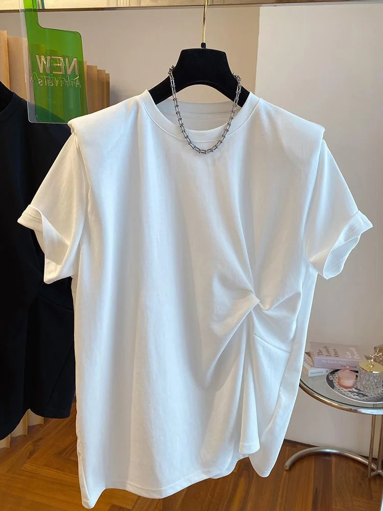 Camiseta de manga corta con cuello redondo para mujer, Top informal de Color liso con diseño trenzado Chic, novedad de verano 2024