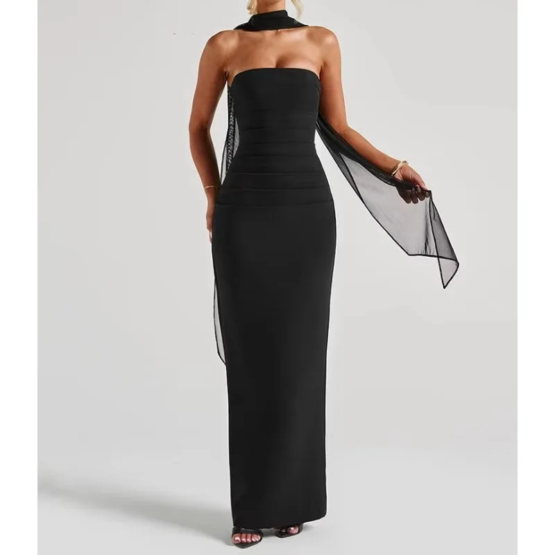 Scarf Collar Strapless Sexy Maxi Dress For Women Fashion Off-shoulder Backless Bodycon Club Party Long Dress Elegant