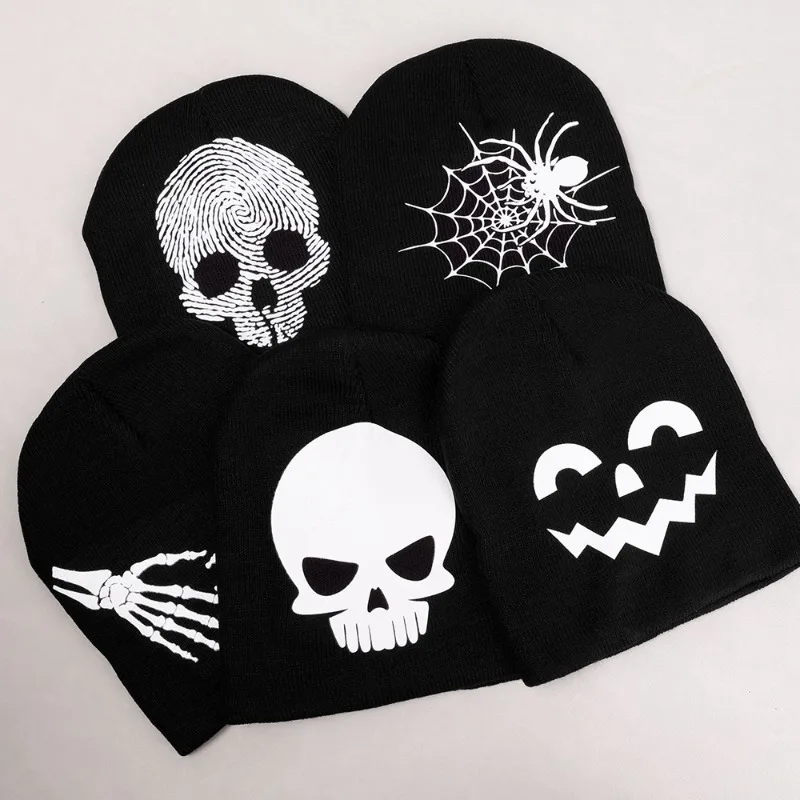 New Luminous Knitting Beanies Hats Men Women Gothic Skull Spider Web Cap Fashion Y2k Winter Warm Skullies Beanies Halloween Caps