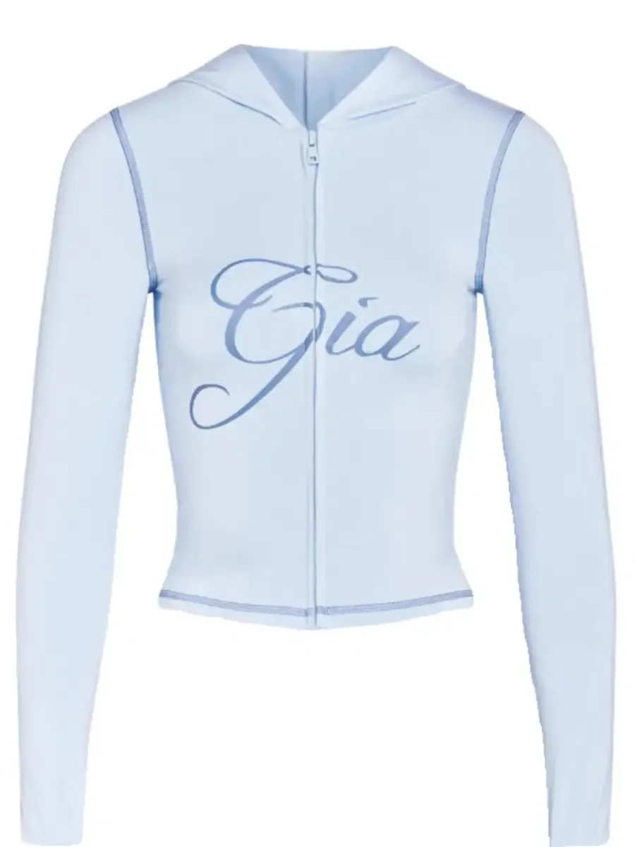 Pantaloni micro svasati da donna a vita bassa con cerniera in cotone blu 2025 a maniche lunghe con cappuccio e top elasticizzato