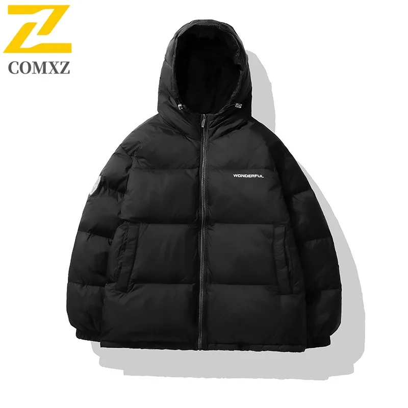 COMXZ Men Cotton Padded Jacket 2025 Coldproof Hooded Travel Snow Loose Lightweight Ski Padding Coat Trendy Street Winter Jackets