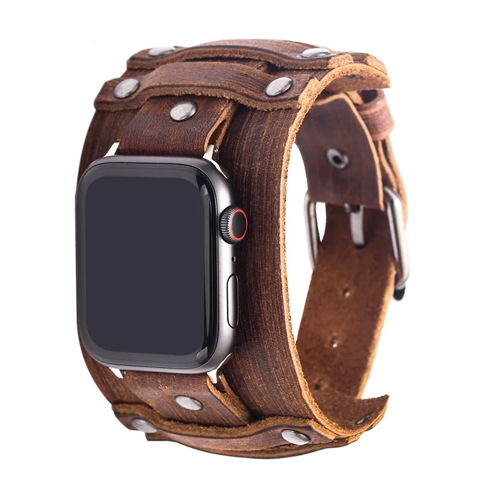 Punk Rivet Bracelet For Apple Watch Band 40mm 41mm 44mm 45mm 49mm Real Leather Wristband iWatch Strap Series 4 5 6 7 8 SE Ultra