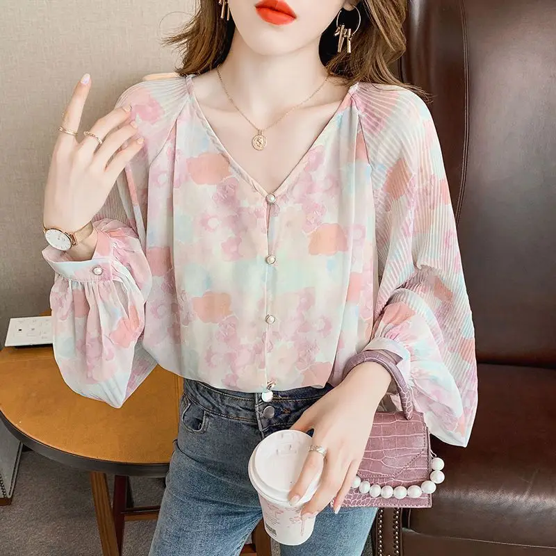 Floral Print V Neck Sweet Chic Pleated Street Button Shirts Casual Loose Long Sleeve Top Blouse Women Blusas Mujer De Moda 2023