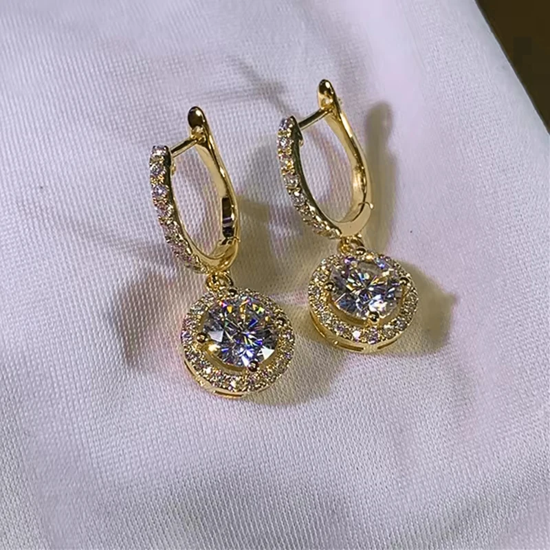 Rrjzz 1CT Round Cut D VVS1 Moissanite Dangle Earrings GRA Certified 14k Plated Drop Halo Huggie Hoops Earring for Women Jewelry