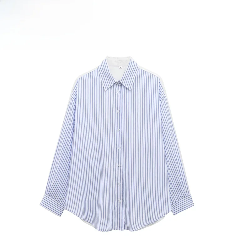 

ZBZA Spring New Women's Faion Design Loose Silk Striped irt Comfortable Long Sve Regular Fit Commute Sle Polyester F...