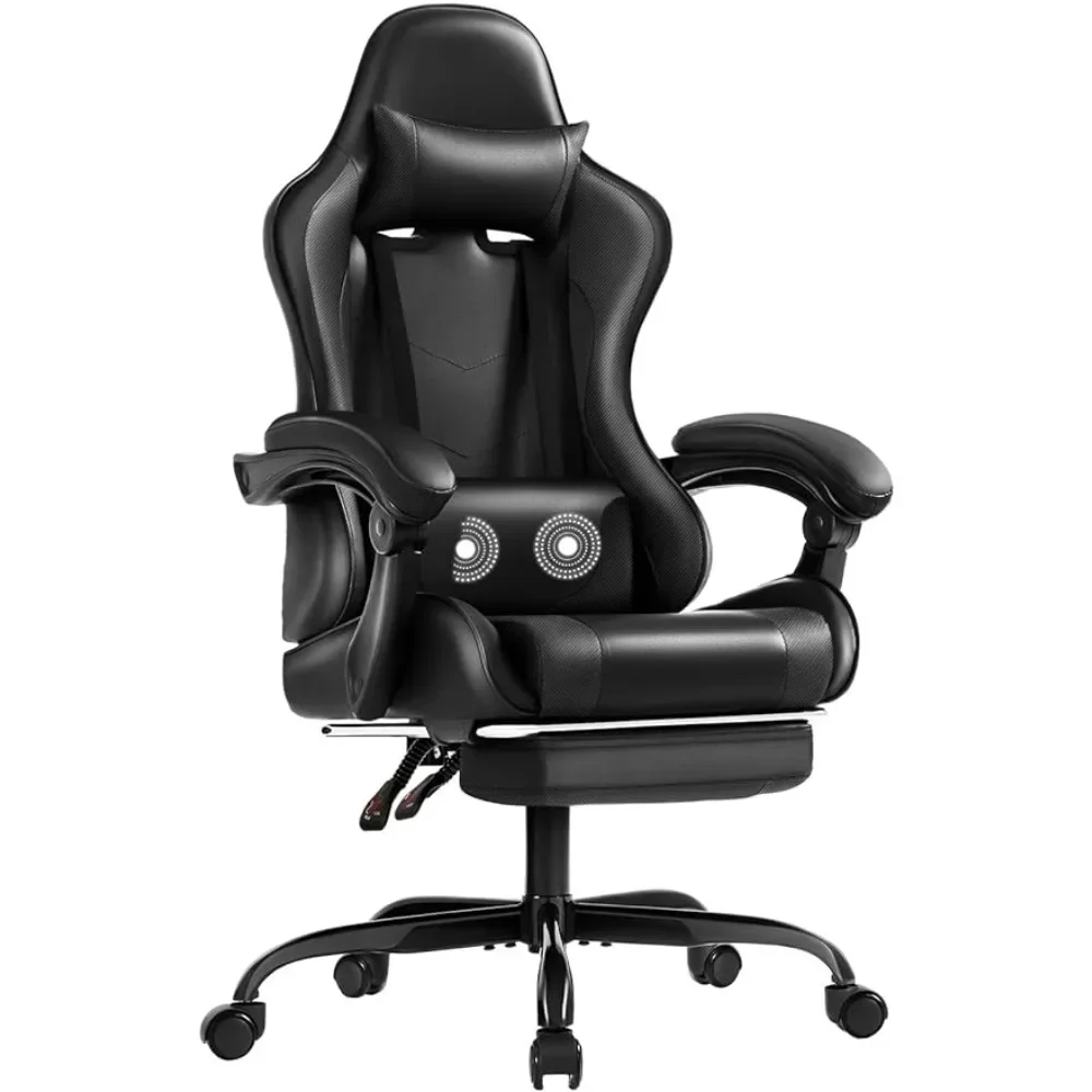 Gaming Chair with Footrest and Massage Lumbar Support, Video Racing Seat Height Adjustable with 360°Swivel and Headrest，Black