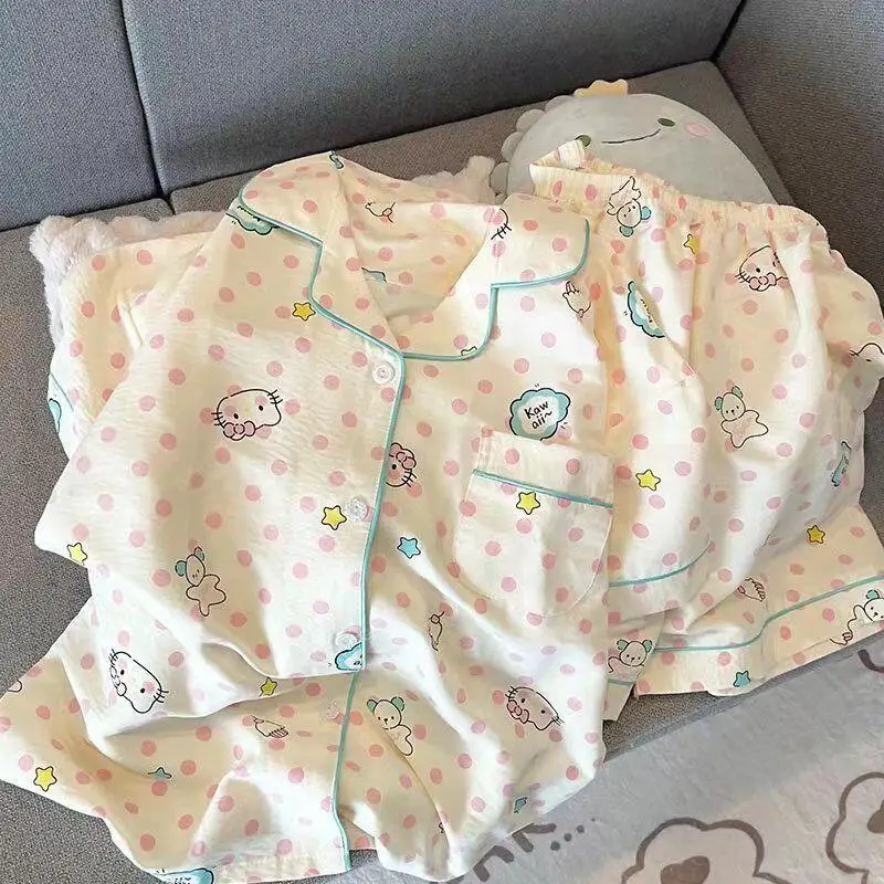 

Sanrio Girls Short Sleeve 2Pcs Hello Kittys Children Cartoon Pajamas Thin Summer New Shorts Mid-Large Children Home Clothing Hot