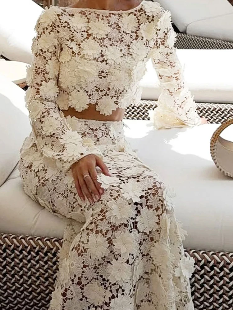 ファッション長袖バックレストップス＆ハーフスカートセットセクシーレディピュアバケーションセットフレンチスタイルレースホローアウトフィッシュテイルスカートセット