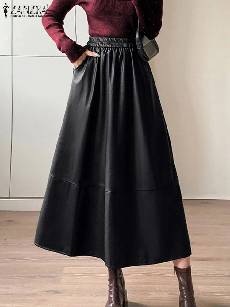 Eleganter übergroßer Urlaubs-Überrock ZANZEA Damen PU-Lederröcke Fashion Solid Long Maxi Jupe 2024, Herbst, elastische Taille, Faldas