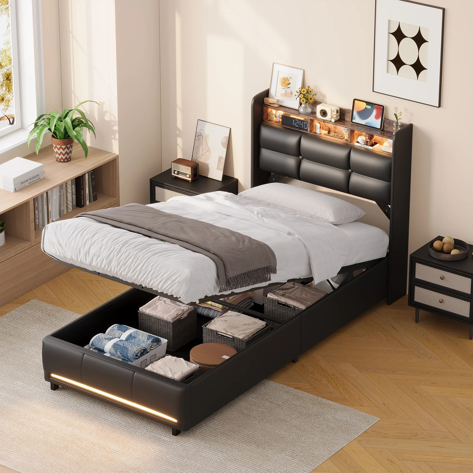 Comanlai, struttura per letto singolo 90x200 cm, con rete a doghe in legno, rivestimento in ecopelle nera, letto con contenitore e sistema di sollevamento idraulico, portata 300 kg, materasso non