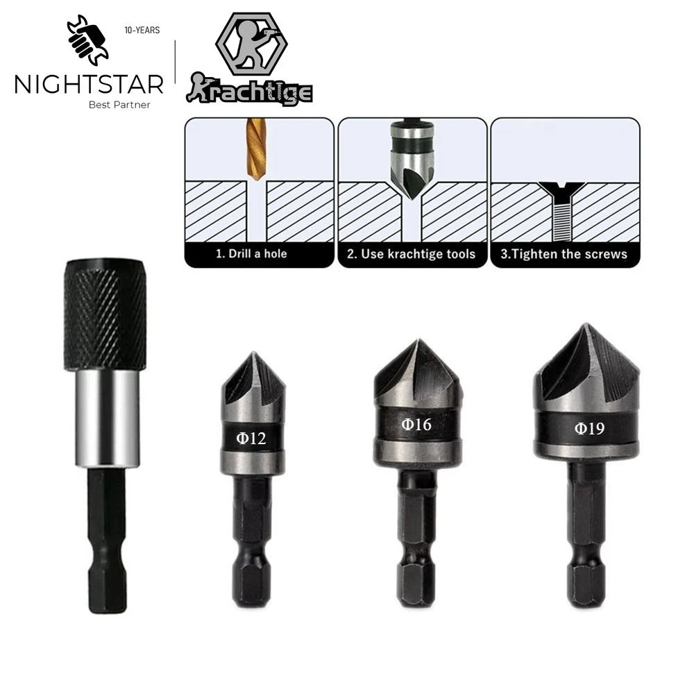 

Набор сверл с потайной головкой, 4 шт., хвостовик 1/4 дюйма, 12 мм, 16 мм, 19 мм, сверлильные отверстия для винта, для деревообработки, столярной развертки